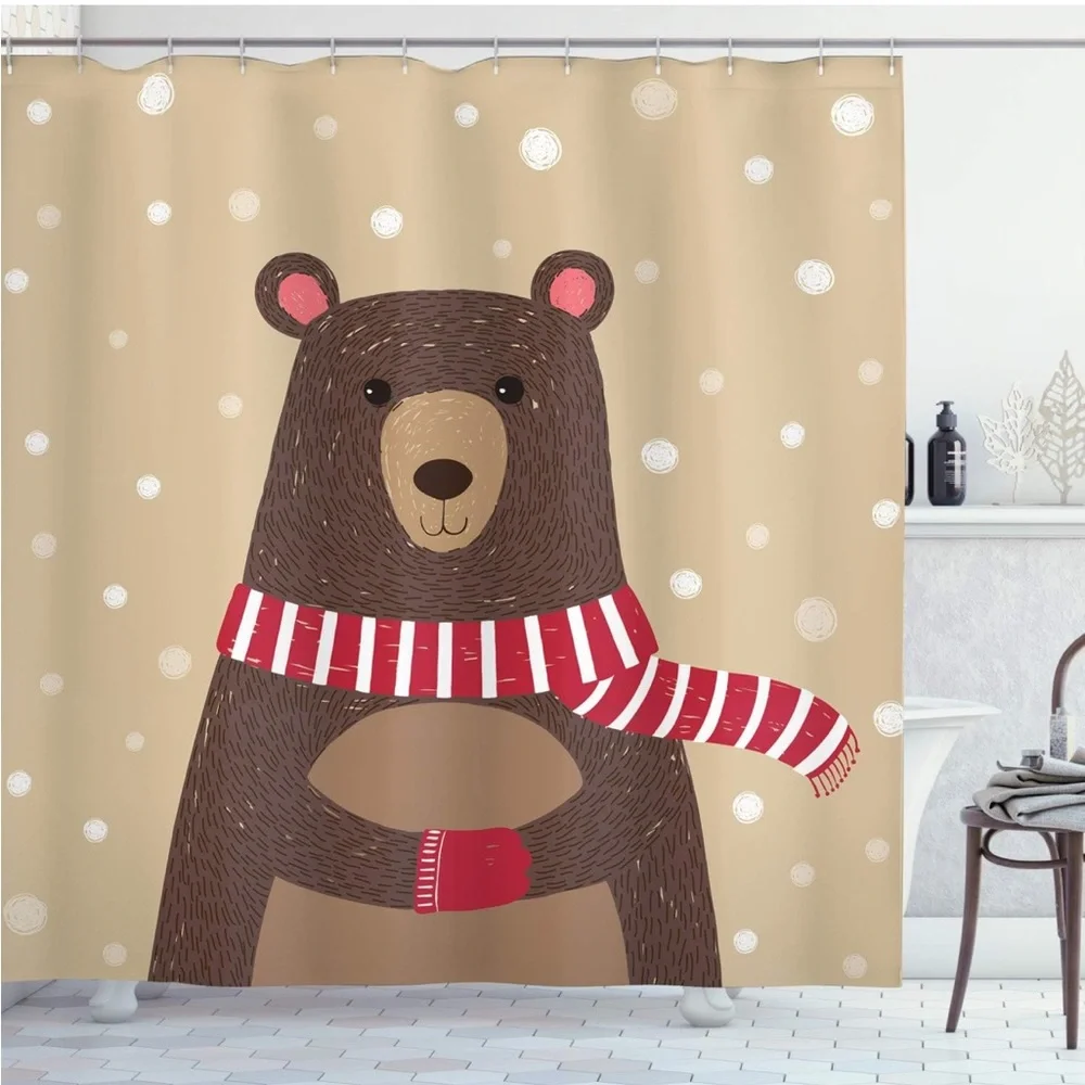 Winter Bear Shower Curtain, Cloth Fabric with Hooks, 69